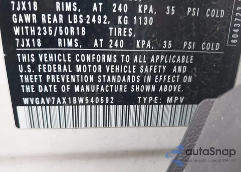 2011 Volkswagen Tiguan Se z USA, uszkodzony, nr VIN WVGAV7AX1BW540592